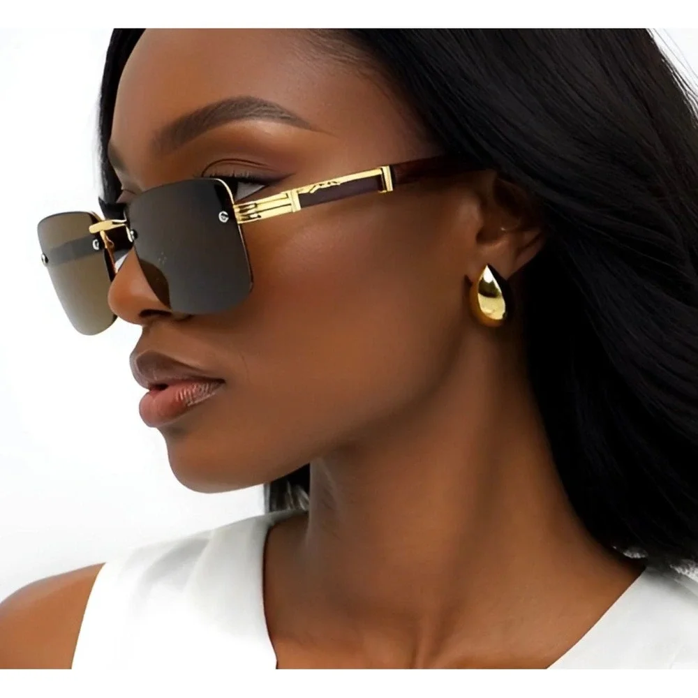 Women‎ Luxury Trendy Classy Gem Cut Brown Tint Gold Frame Rectangle Sunglasses